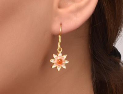 Masterly Crafted Carnelian 14K Gold Plated Art Deco Enameled Earring
