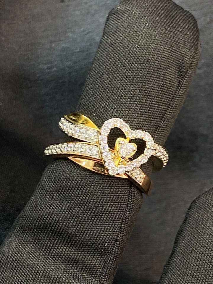 Anillos de dos corazones redondos de 0,72 quilates con diamantes reales de corte brillante para mujer en oro de 14 quilates Foto 4 de 4