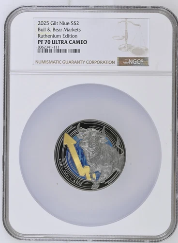 Bull and Bear Markets Ruthenium Edition Silver Coin 2$ Niue 2025/PF70 NGC