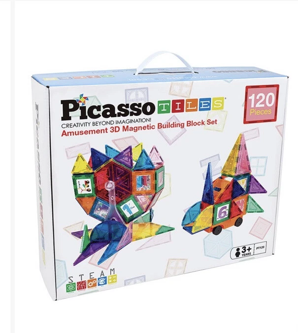 Picasso Tiles 120 Pieces Steam Amusement 3D Magnetic Building Block Set Toys