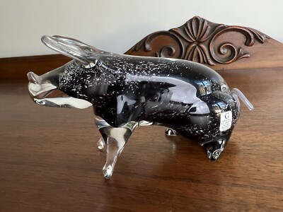 Swedish Art Glass Granna Glasbruk Black Pig Figurine Paperweight Hand Blown