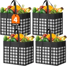 Reusable Grocery Bags, 4-Pack, Foldable Shopping Tote Bags, Large Storage, Black