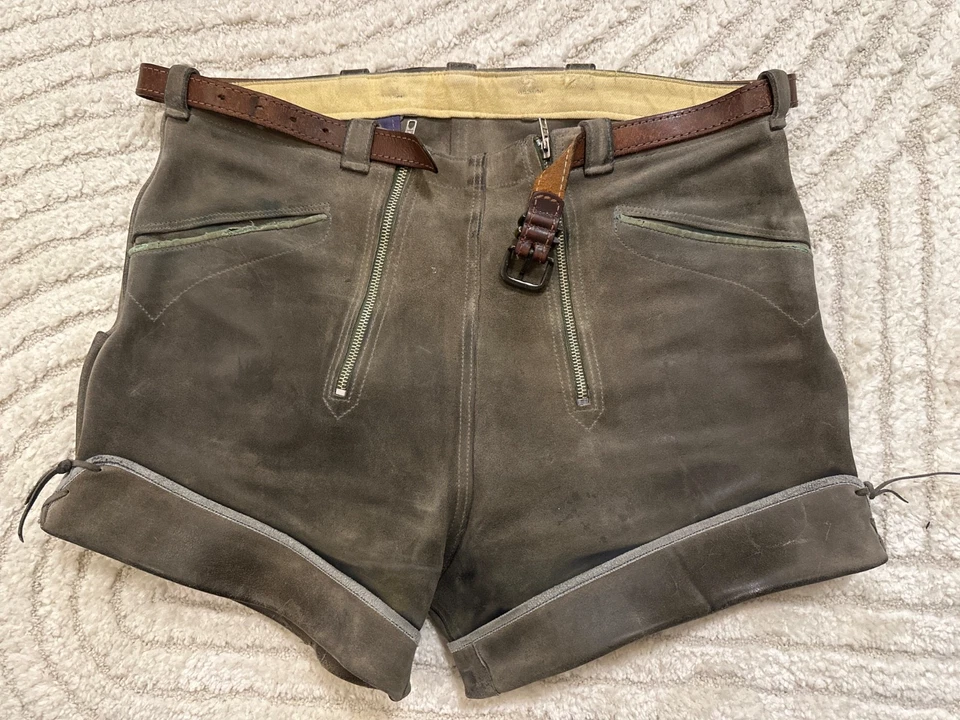 Kurze Lederhose - Pfadfinder - Tracht - grün & grau - Gr. 52 - Vintage - Gürtel - Bild 2 von 3