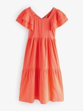 Laura Ashley 100% Cotton Coral Pink Ruffle Sleeve Tiered Midi Dress Size 14 