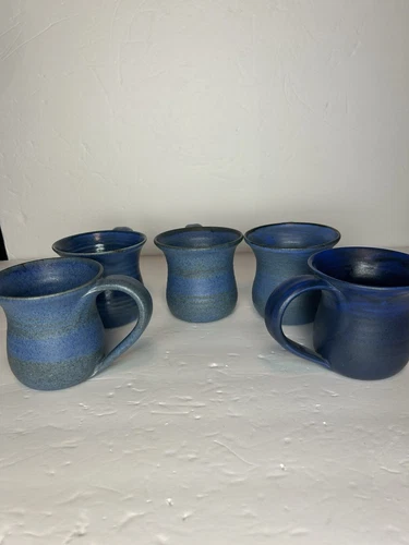 VTG 5 PC Studio Art Pottery Stoneware Blue Mug Cup MCM Rustic Hand Thrown Signed