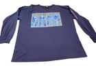 Navy long sleeve Tommy Hilfiger jeans shirt with white and red vertically repeated “TO” and “Y2K” text, 2XL size.