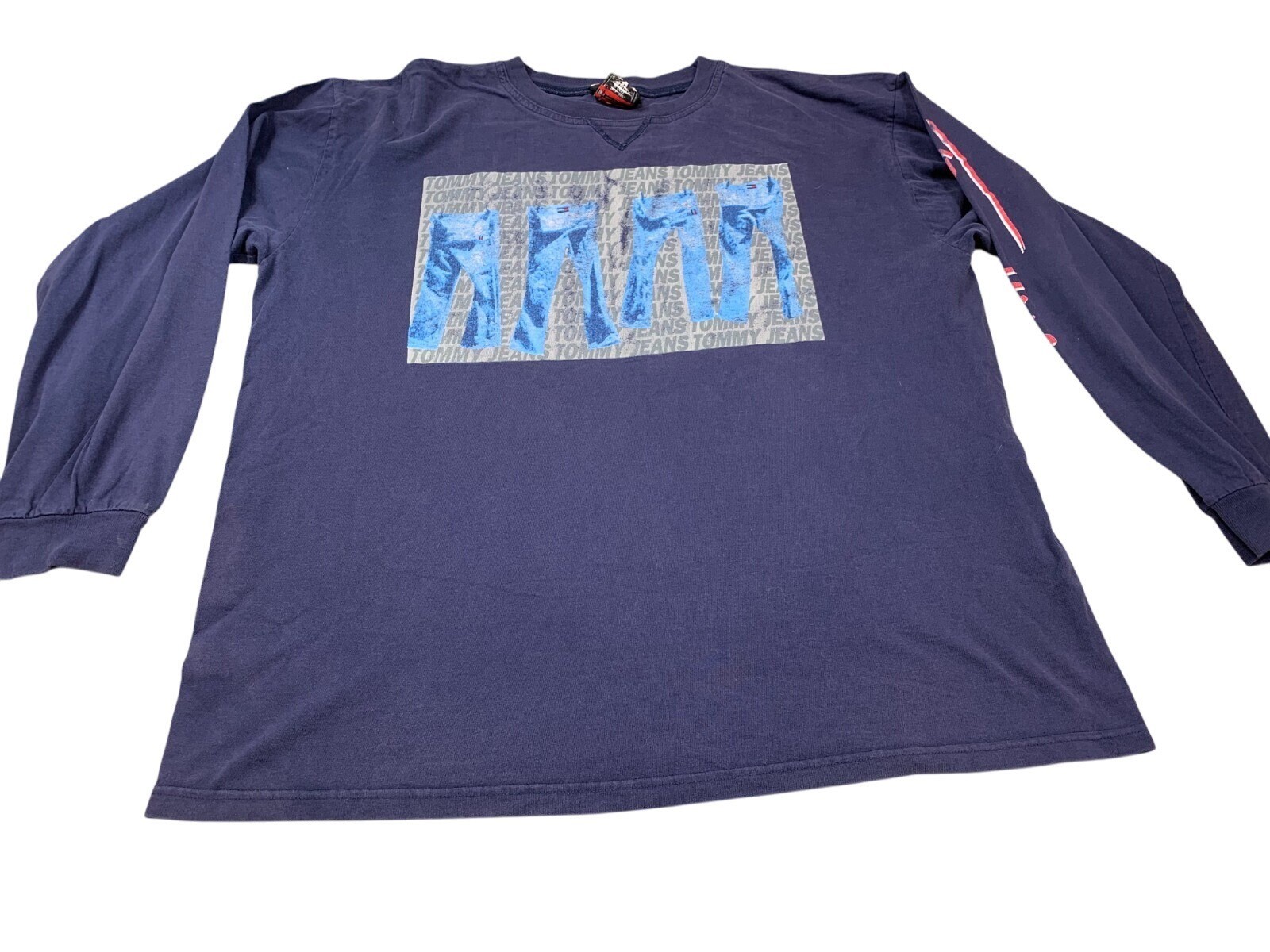 Navy long sleeve Tommy Hilfiger jeans shirt with white and red vertically repeated “TO” and “Y2K” text, 2XL size.