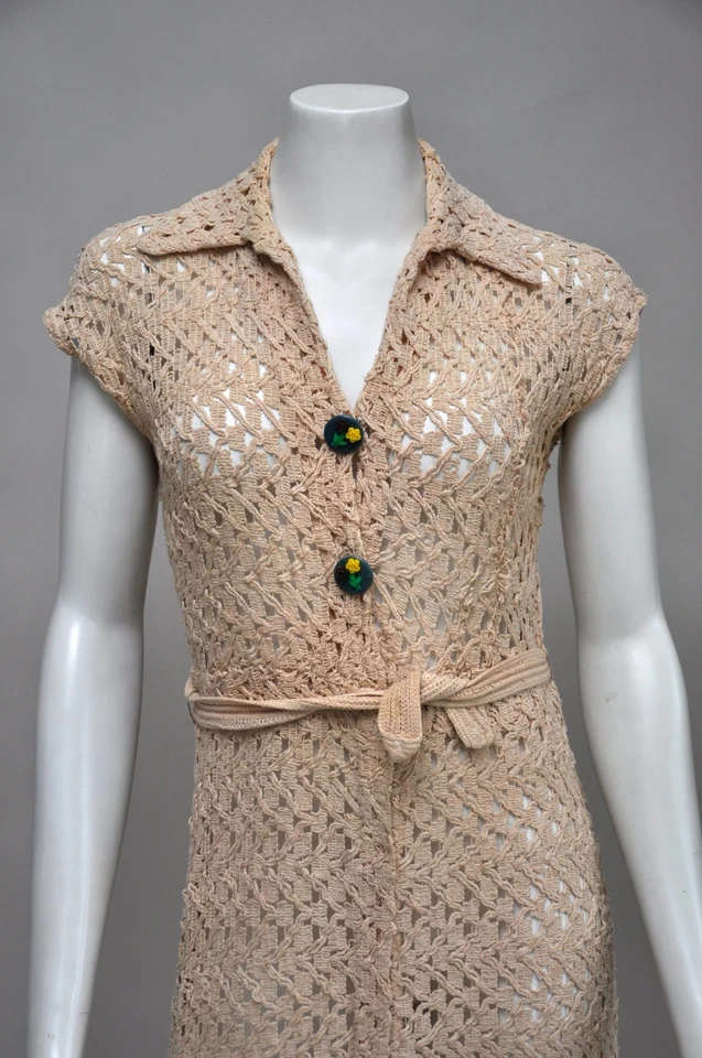 Vintage 1930s Beige Knit Crochet 3 Piece Jacket Dress Belt Buttons Collar S/M - Image 2 of 4