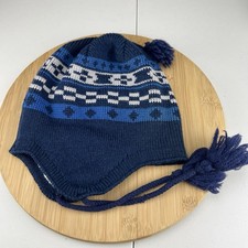 Vintage 1990's Wigwam Mills Wool Beanie Hat Cap OSFM Blue Ear Flaps Tassels USA