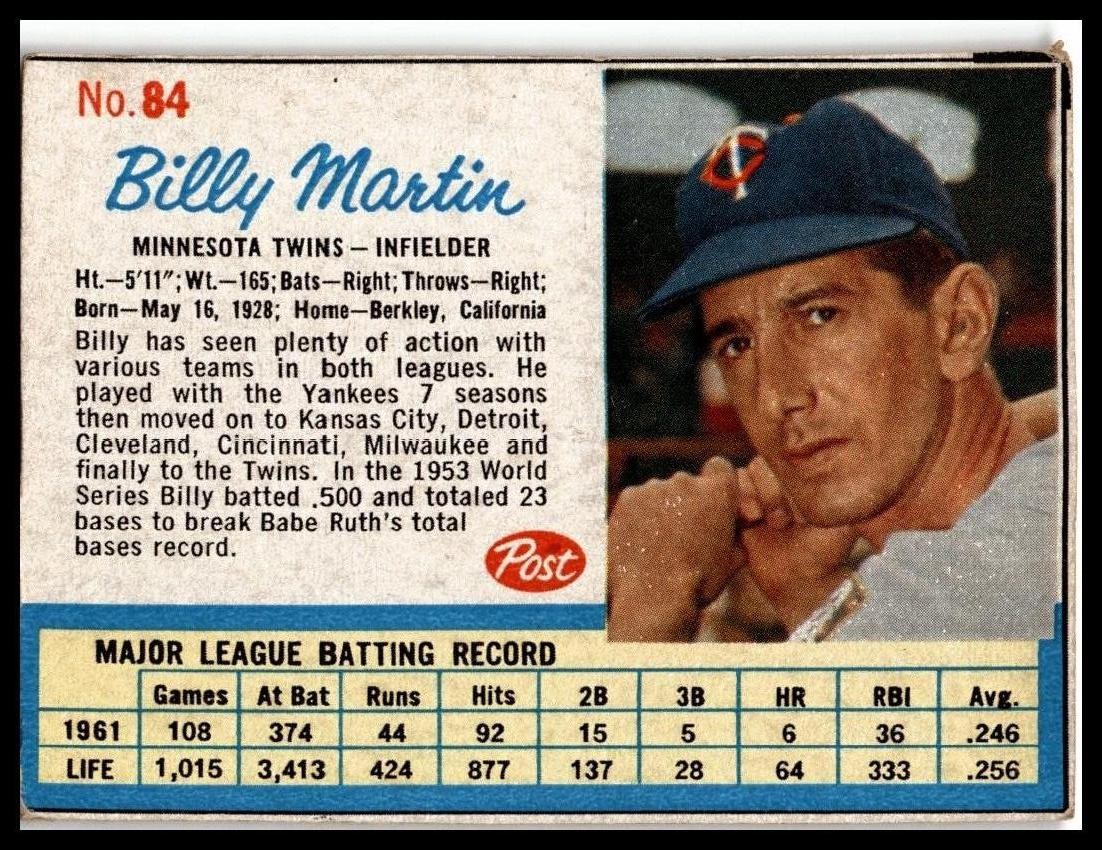 1962 Post Cereal #88 Billy Martin 