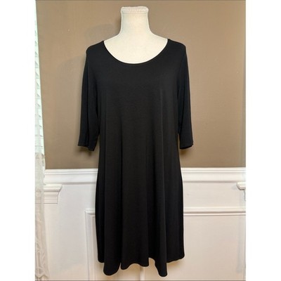Eileen Fisher L Black Stretch Jersey Swing Dress 3/4 Sleeve