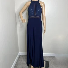 NW Nightway Navy Blue Halter Maxi Gown Dress