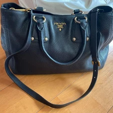 PRADA Black 2-Way Tote Leather Shoulder Bag with Gold Hardware with Dust Bag