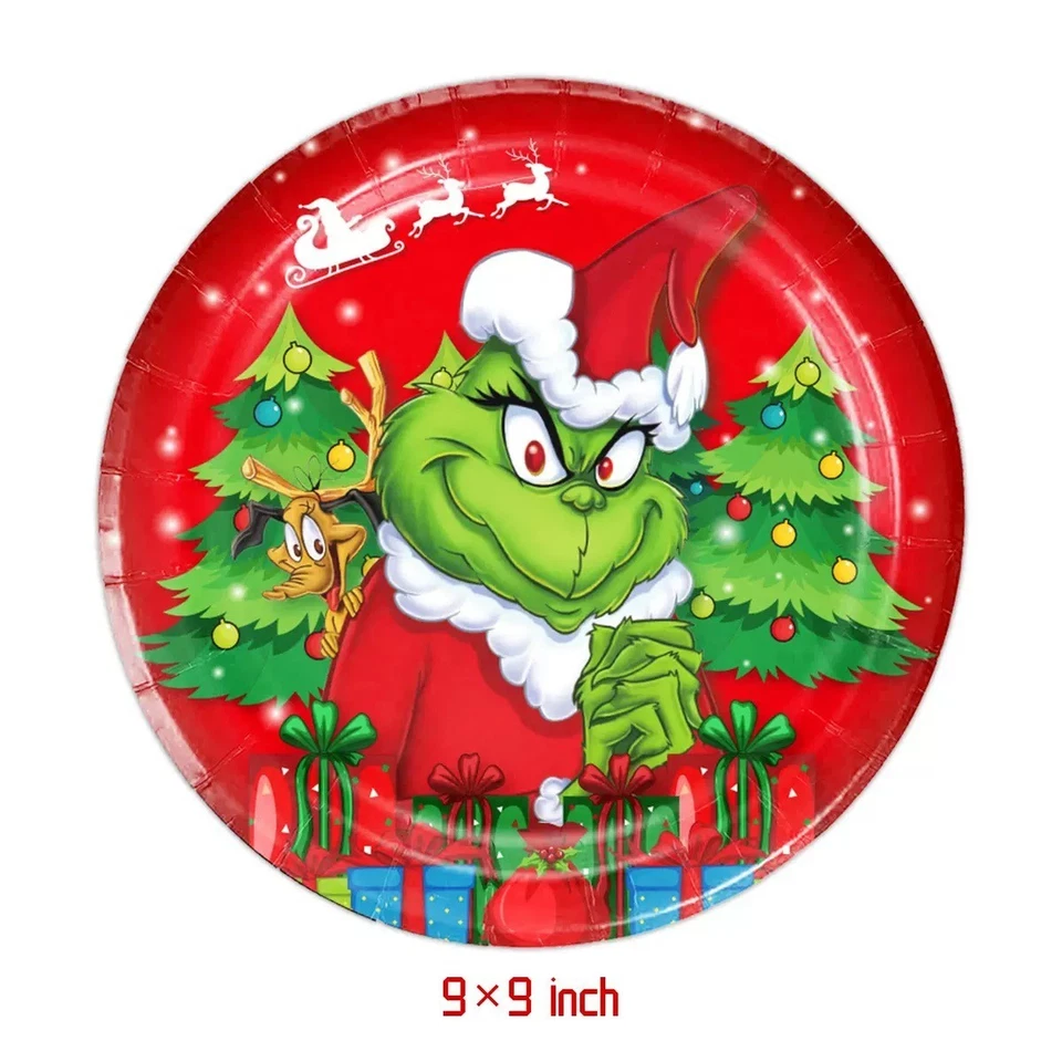 21 suministros de fiesta de Navidad Grinch 10 platos grandes 10 pequeños 1 pancarta Foto 3 de 4