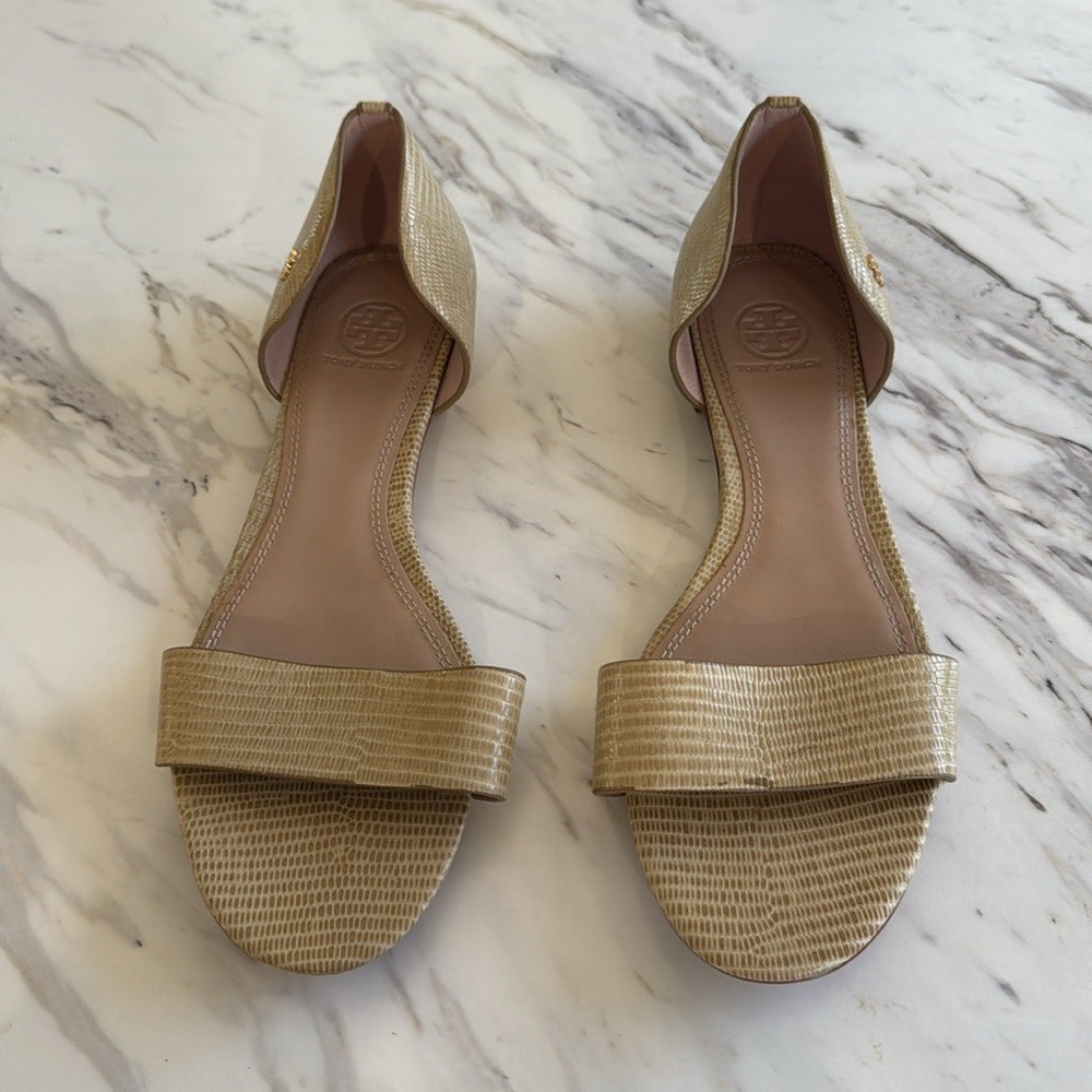 Tory Burch Savannah D'Orsay Flat Sandals Tan Embossed Leather Strap Front Sz 10