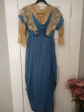 Antique 1910's Edwardian Titanic Era Blue Silk, Hand Lace Dress X Small