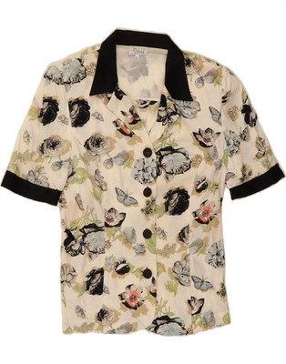 VINTAGE Damen Kurzarm Shirt IT 46 Large Beige Blumen Baumwolle BV12