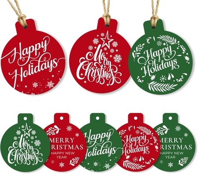 Ornament-Shaped Christmas  Tags - 80 Round Holiday Tags with String, 8 Festive