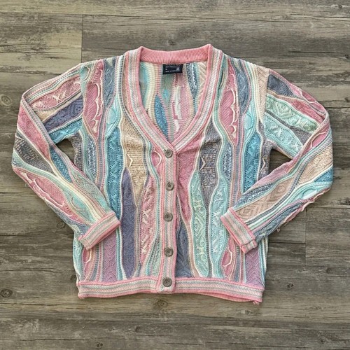 Vintage 90s Coogi Pink 3D Multicolored Knit Cardigan Sweater Size M Hip-hop - Image 1
