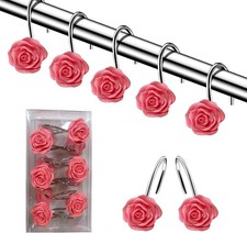 12 PCS Home Fashion Decorative Anti Rust Shower Curtain Hooks Rose Design Pink
