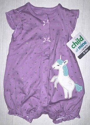 CARTERS Child of Mine romper purple/silver sparkle UNICORN motif size 0-3 months