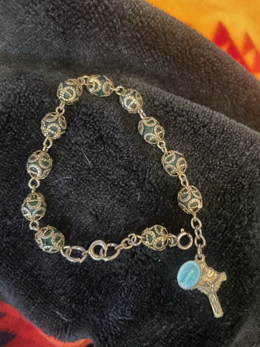 Vtg Italy Single Decade Rosary Chaplet Bracelet Green Caged Beads Cross filigree