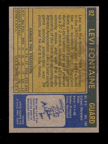 1971-72 TOPPS #92 LEVI FONTAINE EX BACK WAX - Picture 2 of 2