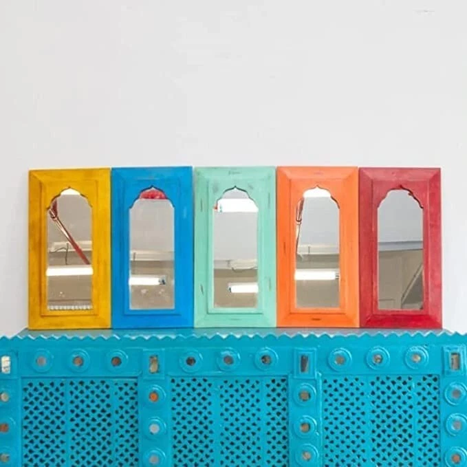 Marco de espejo rústico de madera maciza estilo vintage decorativo de pared artesanal, amarillo Foto 2 de 2