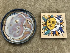 Pottery Half Moon Face Planet Stars Plate  & Earthtones Tile Sun/Moon Wall Decor