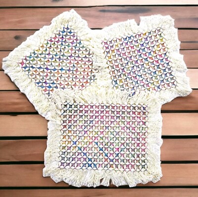 Handmade Hexagon Hand Knotted Trivets Cotton String Fringe Set Of 3 