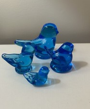 Family Of Blue Birds Of Happiness Signed Glass Figurines Set 4