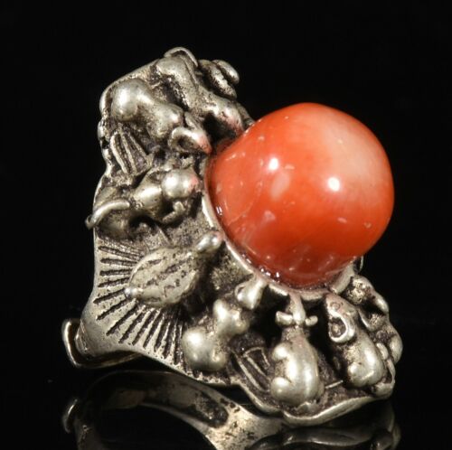 Old China Dynasty Miao Silver Coral Feng Shui 12 Zodiac Animal Ring Finger ring - Photo 1/10