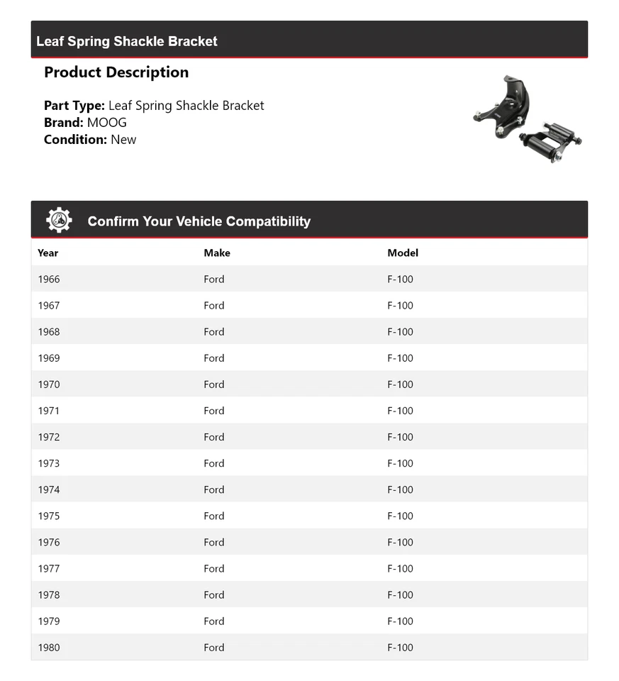 Soporte de grillete de resorte de hoja para Ford F-100 1966-1980 MOOG 1966 1967 1968 1969 Foto 2 de 4