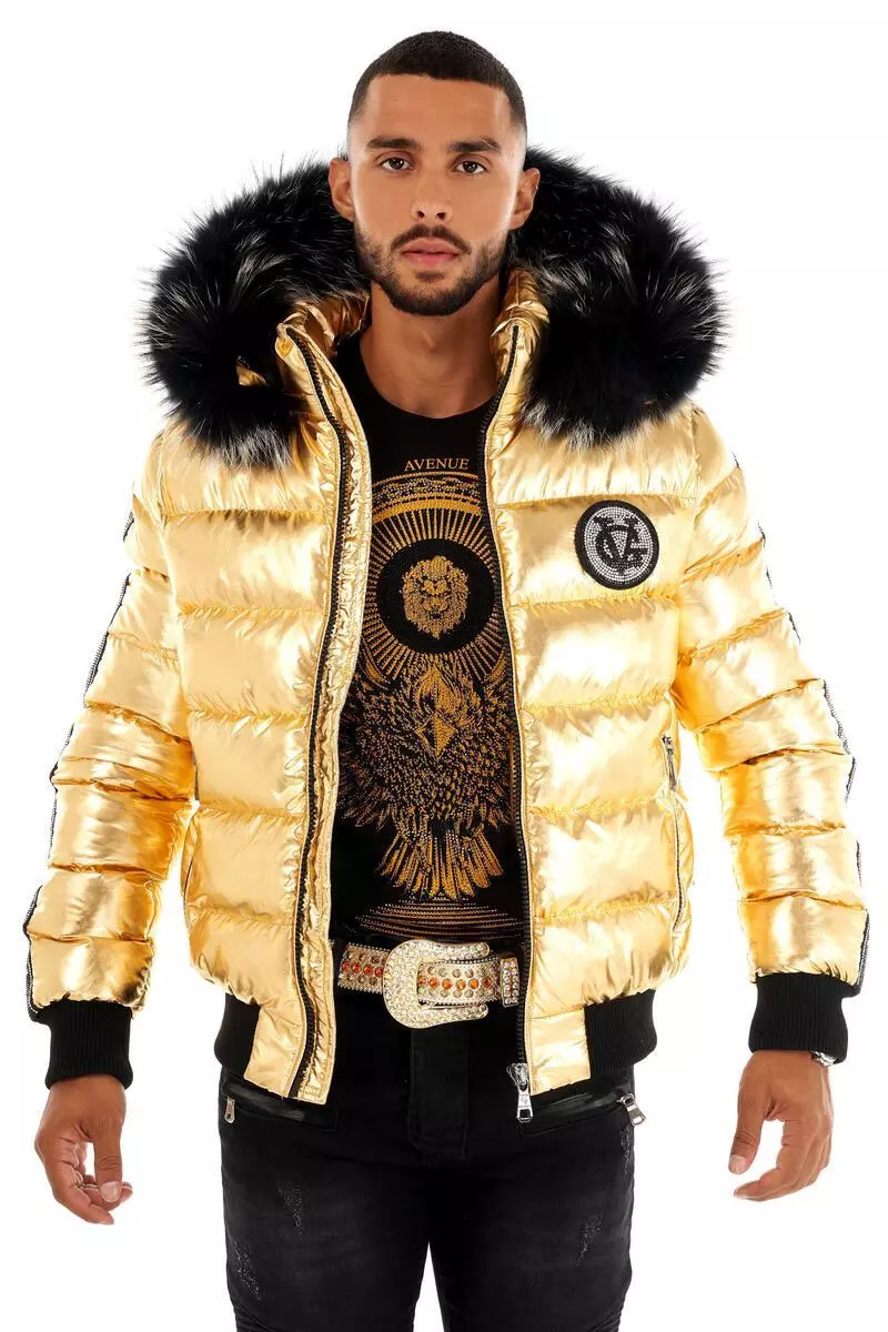 Avenue George V Paris Men's Puffer Jacket Gold Rhinestone