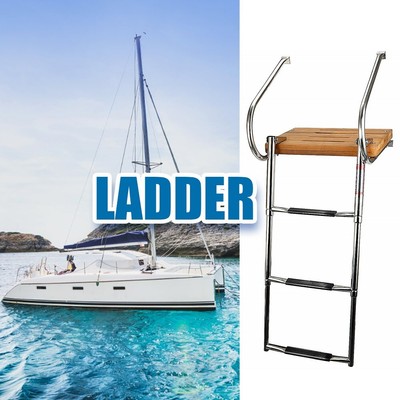 Platform  3-Step Ladder Boat Swim Teak Stainless with Telescoping 2 Handrails