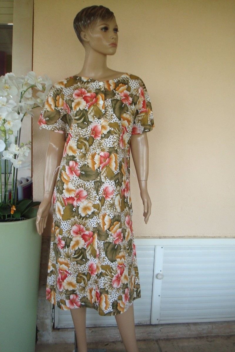 Robe D'été Vintage Années 60 - Imprimé Fleuri Bleu Et Blanc, Taille 44/46, 100% Coton