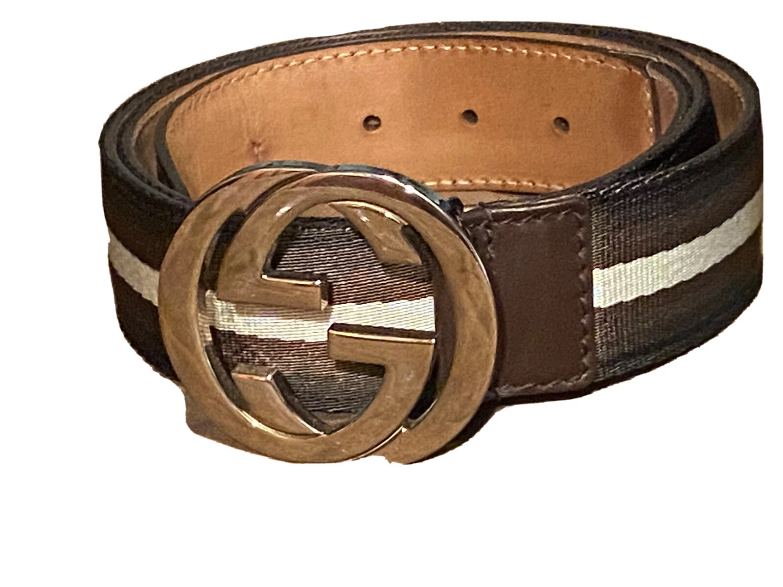 Ceinture Gucci toile signature GG marron toile argentée 2435732 taille. 36 38.