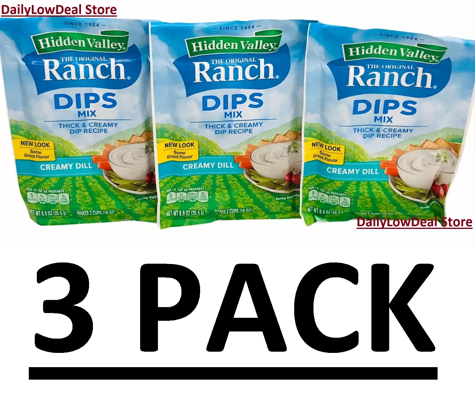 3 PACK - Hidden Valley Ranch Dips Creamy Dill Thick & Creamy Dip Recipe 0.9 oz