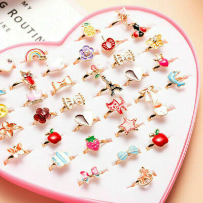 20Pcs Girls Kids Cartoon Adjustable Ring Crystal Rings Jewelry