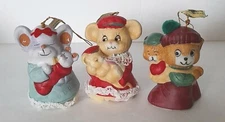 JASCO CARING CRITTER CHIMERS Bisque Porcelain Bell Ornaments Lot of 3 Vintage