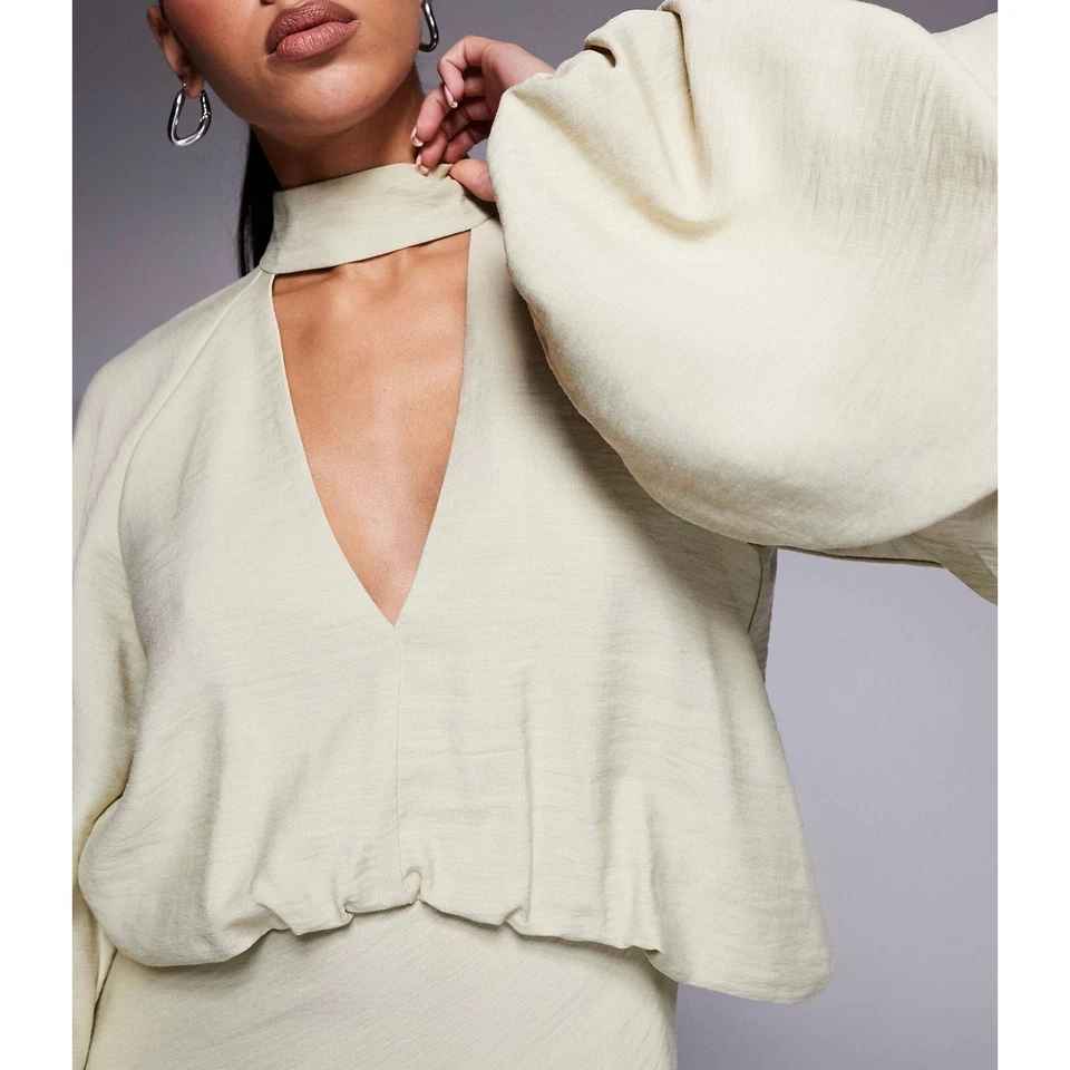 NWOT Asos Designs Size 12 High Neck Plunge Maxi Dress Blouson Sleeves Soft Green — 第 2/4 张图片