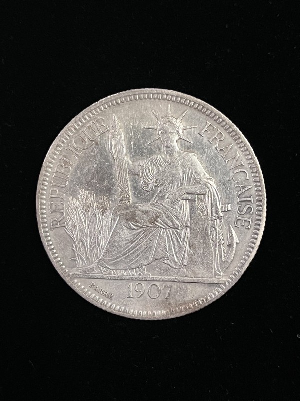 1907 French Indo China Silver Coin 1 Piastre de Commerce 27gr