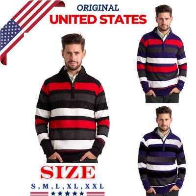 WESTACE Men's Striped Quarter-Zip Sweater Casual Knit Pullover