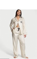 Ivory Satin Pajama Set for Women, Logo Accent, Button Closure, Long Sleeve