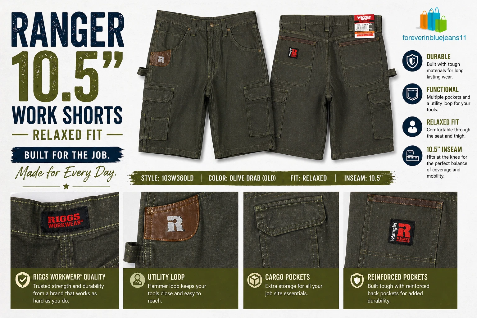 Wrangler Riggs Men's Ranger 10.5" Work Cargo Shorts Relaxed Fit 103W36OLD
Opens in a new window or t
