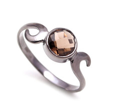 Natural Smoky Quartz Round Ring, Sterling Silver Oxidized Jewelry Birthday Lover