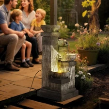 Outsunny 4-Tier 33.5" Outdoor Waterfall Fountain with LED Lights, Pump