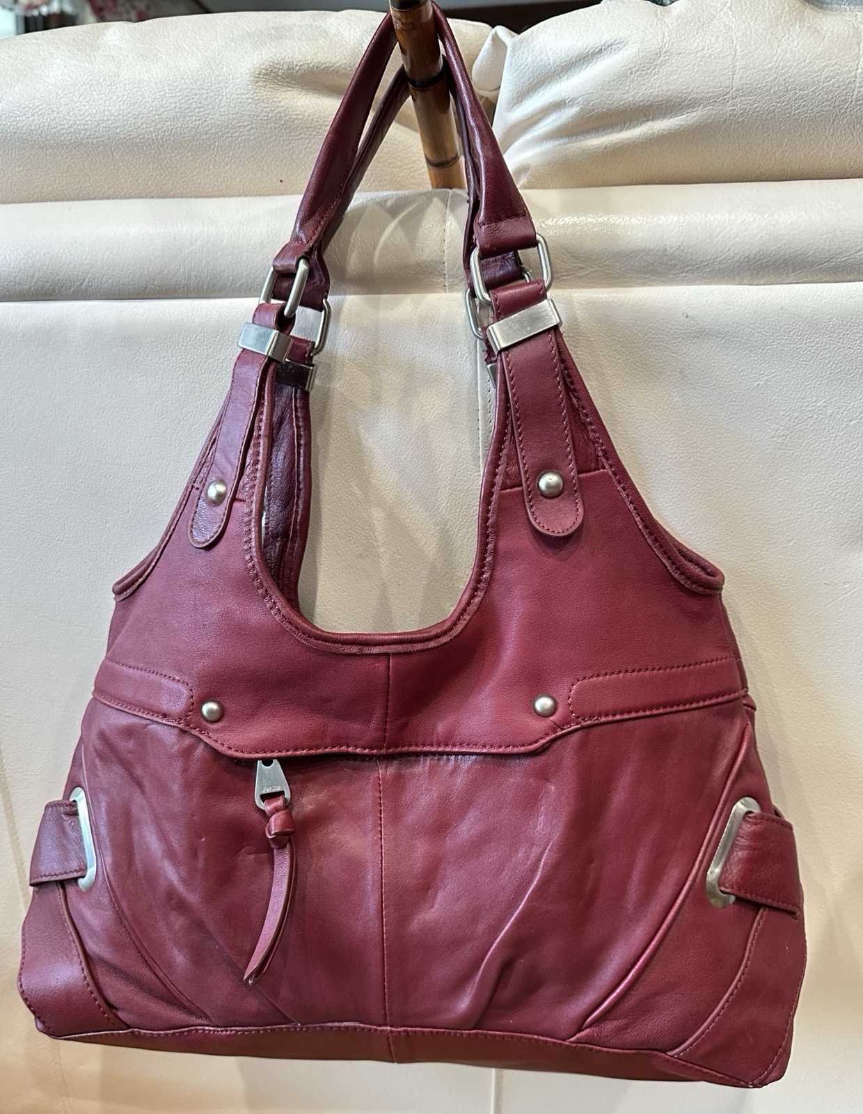 Perlina New York Red Lamb Leather Shoulder Bag Double Strap Hobo EUC 22