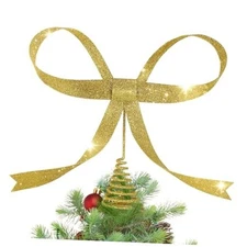 Large Glitter Gold Bow Christmas Tree Topper,9.4 Inch Metal Tree Topper,Gold 