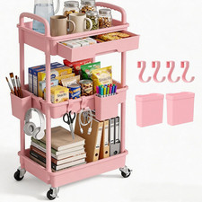 3 Tier Rolling Utility Cart with Drawer, Plastic Storage Organizer Rolling Carts